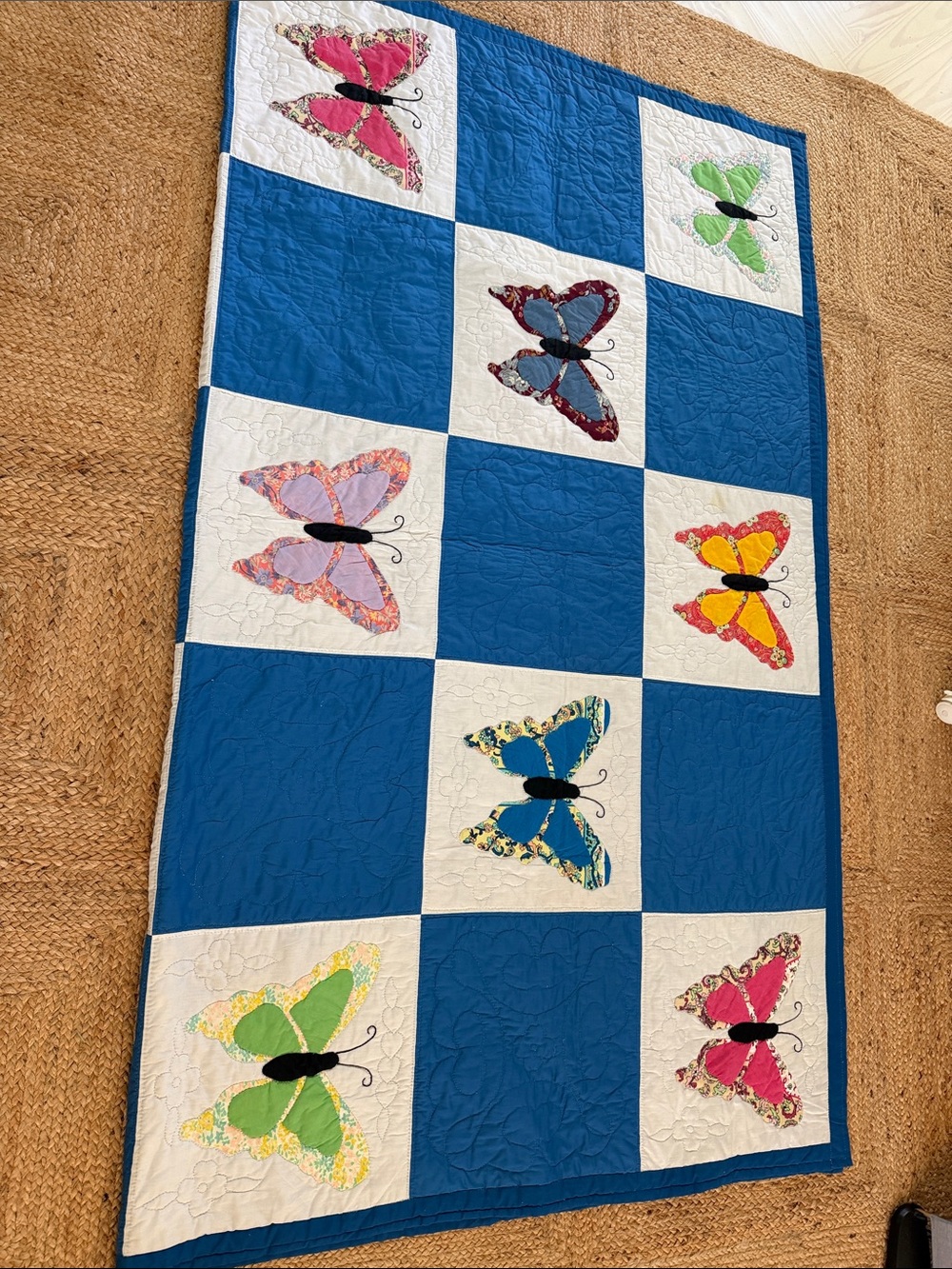 Handmade Butterfly Patchwork Large Quilt in Blue and Multicolor